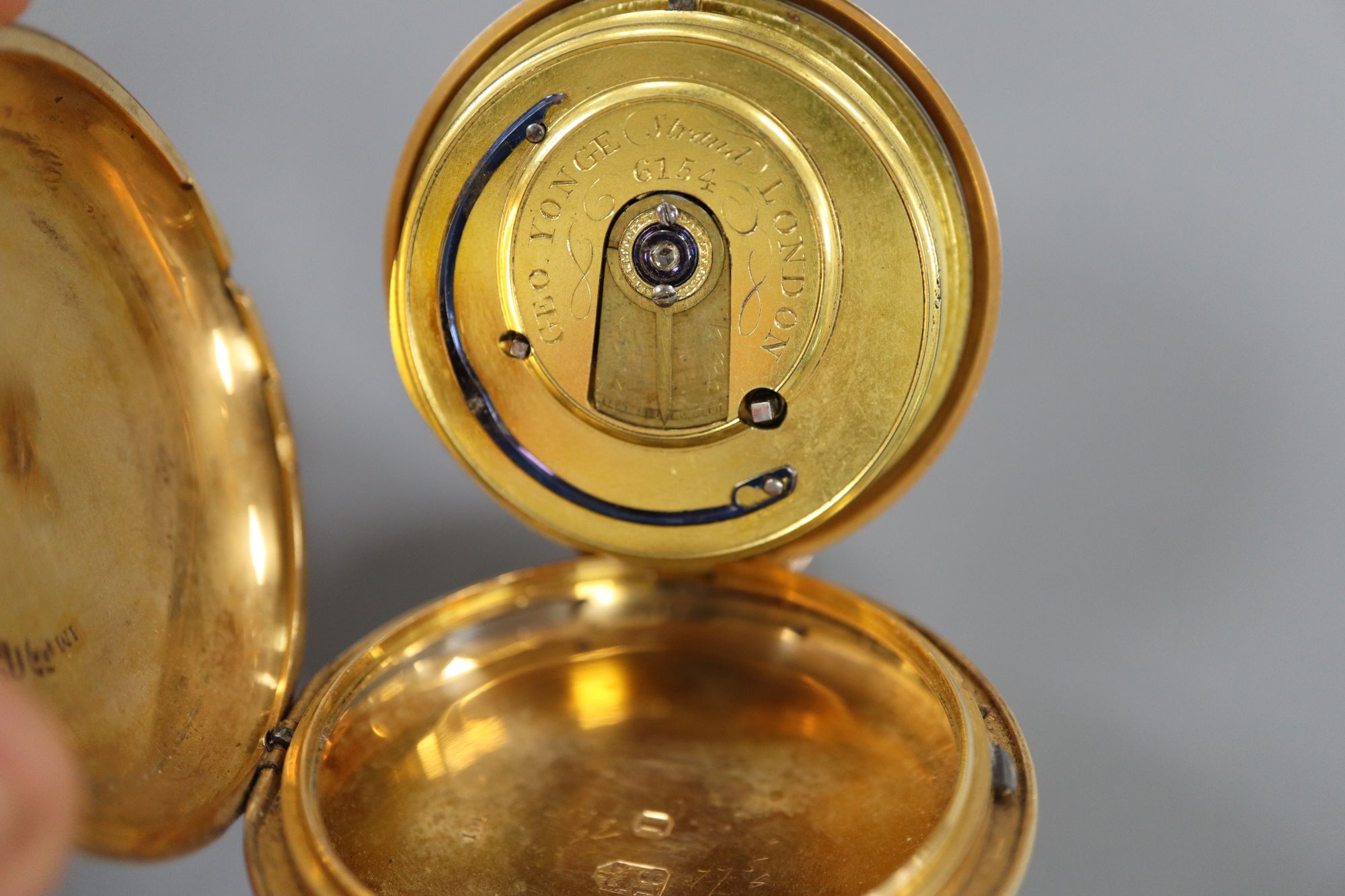 A George III 18ct gold hunter keywind duplex pocket watch by George Yonge, Strand, (a.f.),